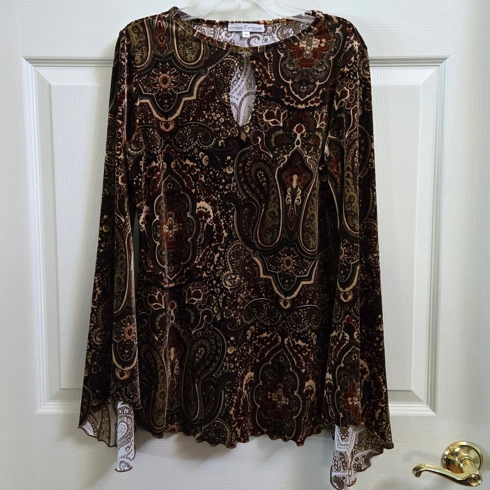 NWT Moa Moa Brown Paisley Velvet Keyhole Top Size Small